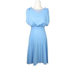 Vintage 70s blue blouson pleat skirt midi party dress 10